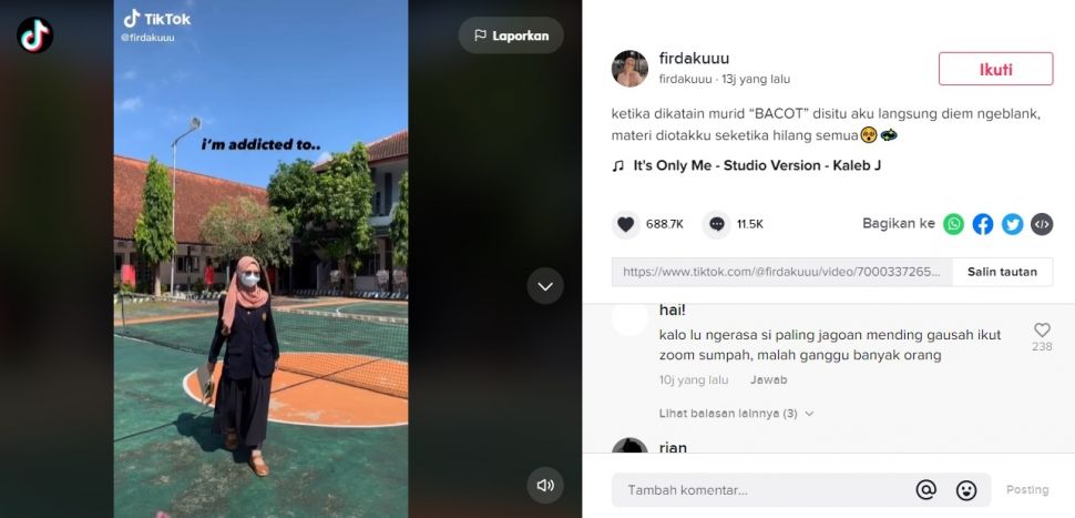 Viral Reaksi Guru Dihina 'Bacot' Oleh Murid Saat Kelas Online. (TikTok/@firdakuuu)