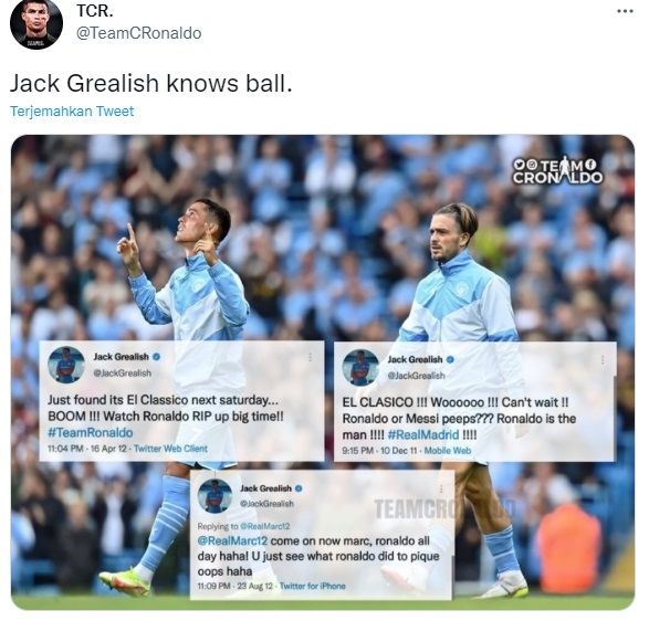 Cuitan lama Jack Grealsih viral di tengah rumor Ronaldo ke Manchester City. (Twitter/@TeamCRonaldo)