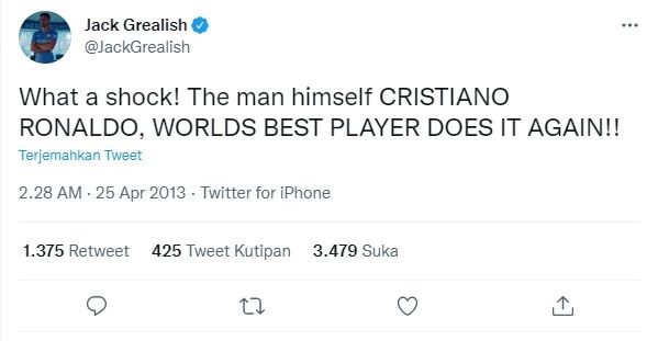 Cuitan lama Jack Grealsih viral di tengah rumor Ronaldo ke Manchester City. (Twitter/@JackGrealish)