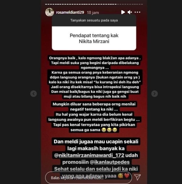 Rosa Meldianti tentang Nikita Mirzani (Instagram)