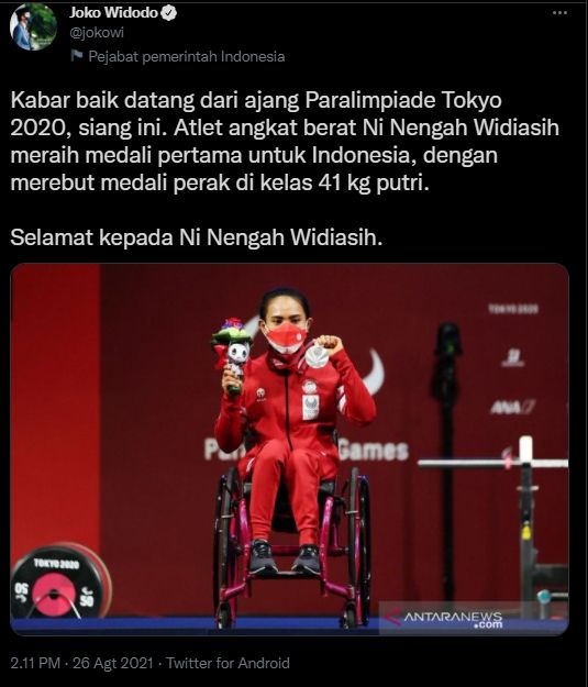 Apresiasi Jokowi untuk Ni Nengah Widiasih (Twitter/Jokowi).