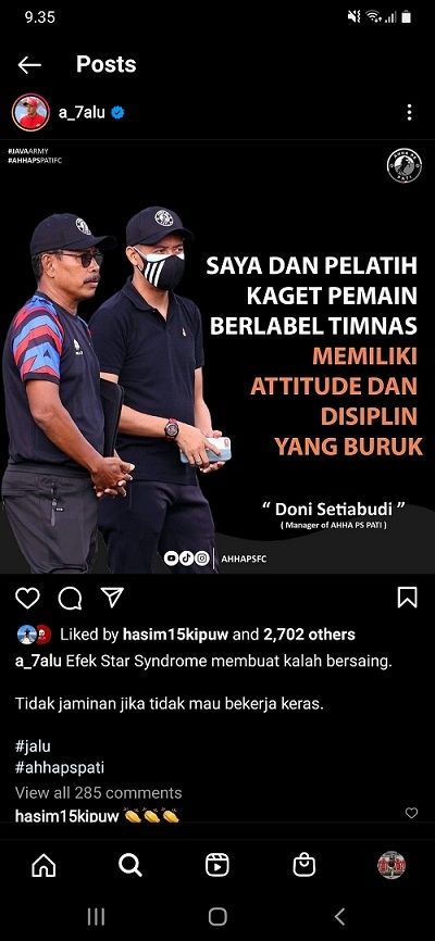 Unggahan instagram manajer AHHA PS Pati, Doni Setiabudi kaitannya dengan pemain berlabel Timnas Indonesia bermasalah (Instagram Doni Setiabudi/@a_7qlu)