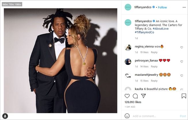 Potret Beyonce dan Jay Z jadi model kampanye merek perhiasan. (Instagram/@tiffanyandco)
