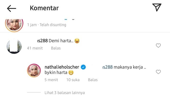 Balasan Nathalie untuk komentar netizen (instagram.com)