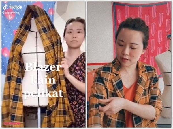 Ilustrasi bikin blazer dari kain sarung. (TikTok)