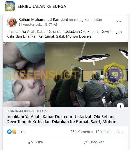 Fakta Oki Setiana Dewi kritis dan dilarikan ke RS (turnbackhoax.id)