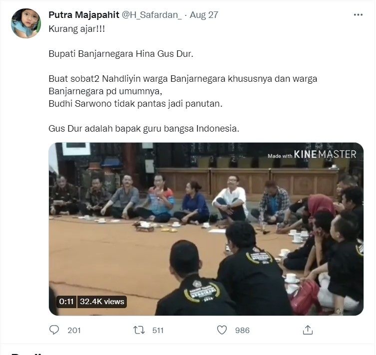 Unggahan bupati banjarnegara menyinggung pengelihatan Gus Dur. [Twitter]