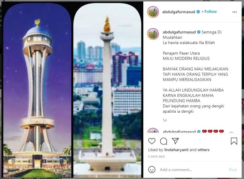 Tower Penajam dan Monas. [Akun IG Abdul Gafur Mas'ud]