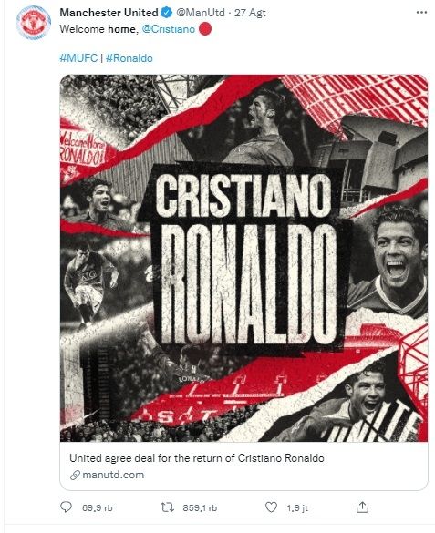 Pengumuman Cristiano Ronaldo di akun Twitter Manchester United. (Twitter/@ManUtd)