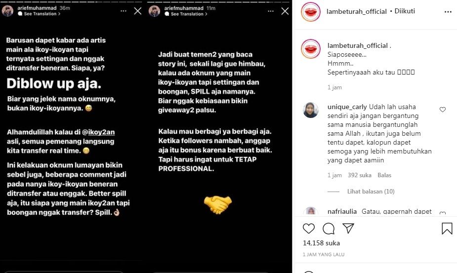 Unggahan soal Arief Muhammad [Instagram/@lambeturah_official]