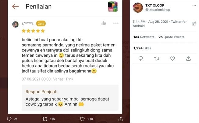 Viral wanita diselingkuhi pacar, hubungan terbongkar gara-gara kirim hadiah. (Twitter/@txtdarionlshop)