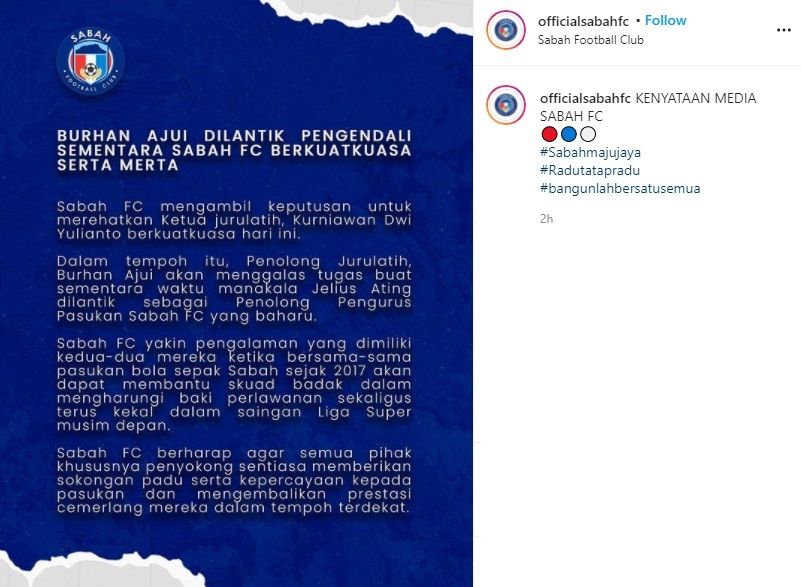 Kurniawan Yulianto diistirahtakan Sabah FC. (Instagram/officialsabahfc)