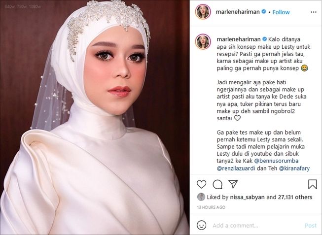 MUA ungkap fakta menarik soal makeup Lesti Kejora di acara syukuran pernikahan. (Instagram/@marlenehariman)
