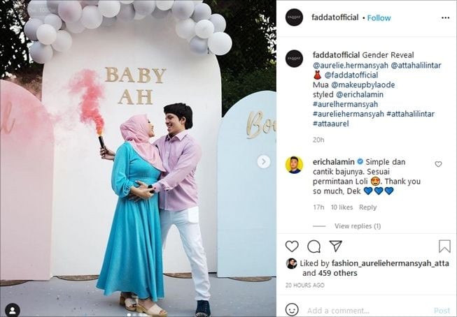 Aurel Hermansyah dan Atta Halilintar dalam acara gender reveal. (Instagram/@faddatofficial)