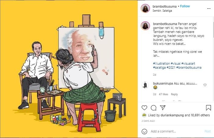 Viral lukisan wajah Jokowi digambar muka Soeharto. (@brambotkusuma.)