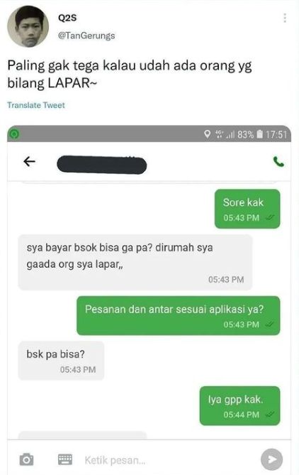 Viral aksi ojol bantu pelanggan kelaparan. (Twitter)