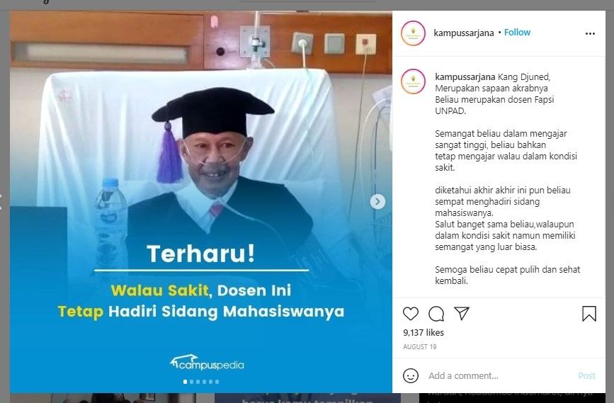 Dosen pakai selang oksigen hadiri sidang mahasiswanya (Instagram)