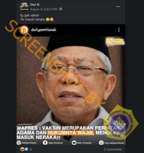 CEK FAKTA Wapres Ma'ruf Amin Sebut Penolak Vaksin Akan Masuk Neraka. (Turnbackhoax.id)