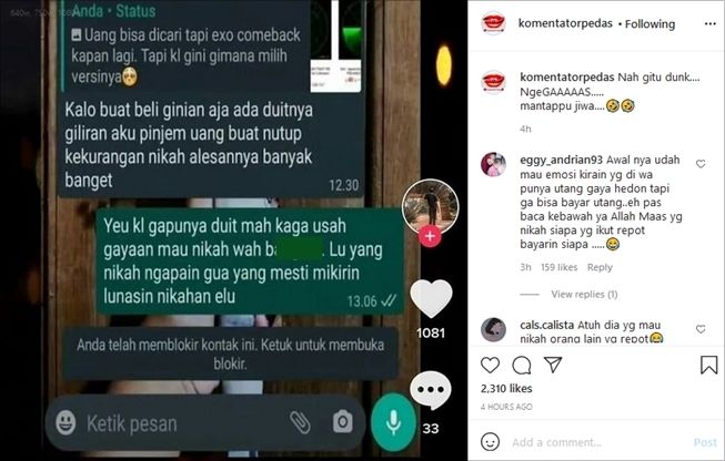 Teman nyinyir gara-gara tak dipinjami uang untuk lunasi biaya nikah. (Instagram/@komentatorpedas)