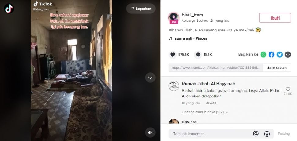 Viral Aksi Tulus Cewek Lihat Ortu Lansia Bengong di Ranjang. (TikTok/@bisul_item)