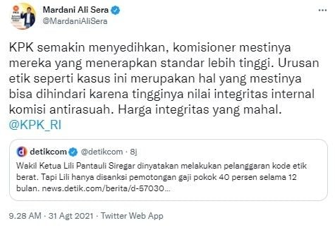 Mardani PKS soroti pimpinan KPK langgar etik berat (Twitter)