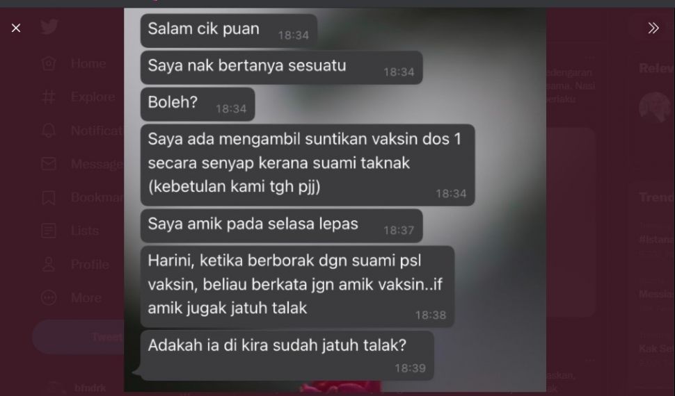 Ikut Vaksinasi Covid-19, Perempuan Ini Digugat Cerai Suaminya yang Antivaksin. (Dok: Twitter/wafda.kamilen)