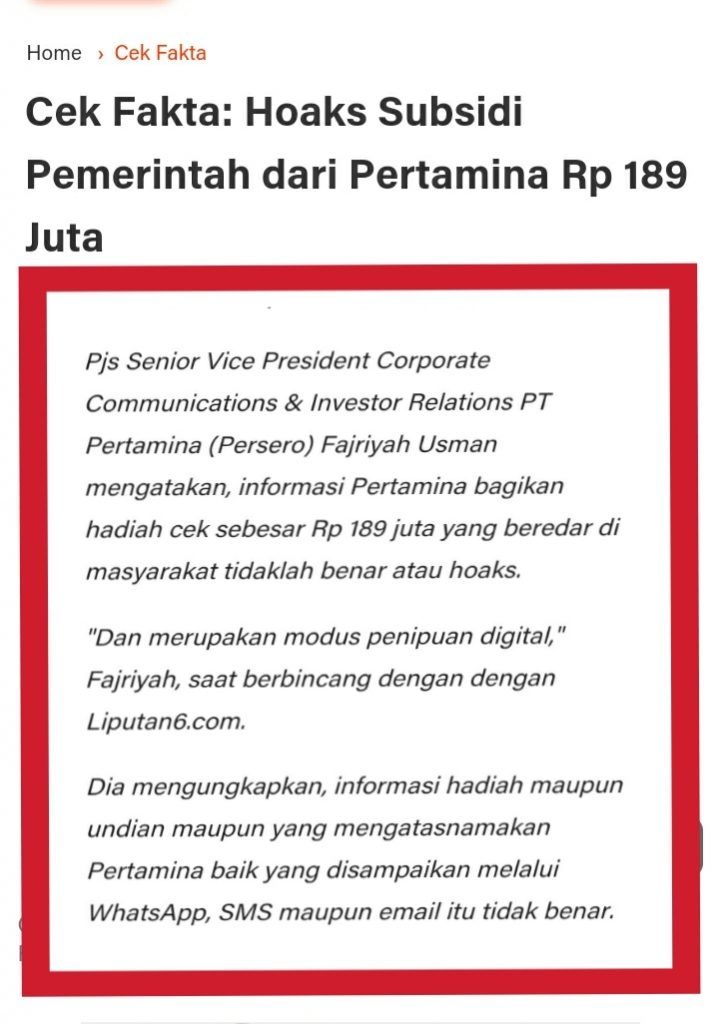 Fakta Pertamina beri hadiah RP 189 juta (Turnbackhoax.id)