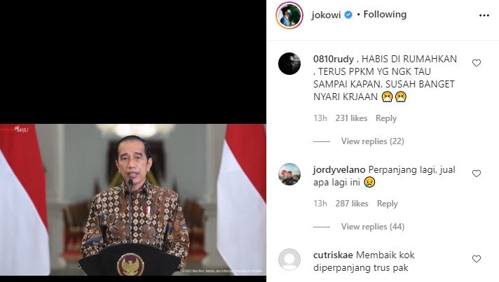 Komentar netizen di akun instagram @jokowi [akun instagram @Jokowi]