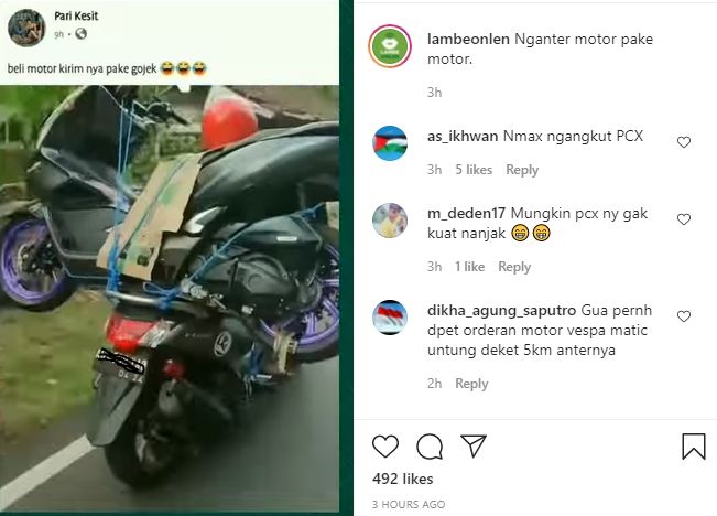 Driver ojol angkut sepeda motor. (Instagram/lambeonlen)