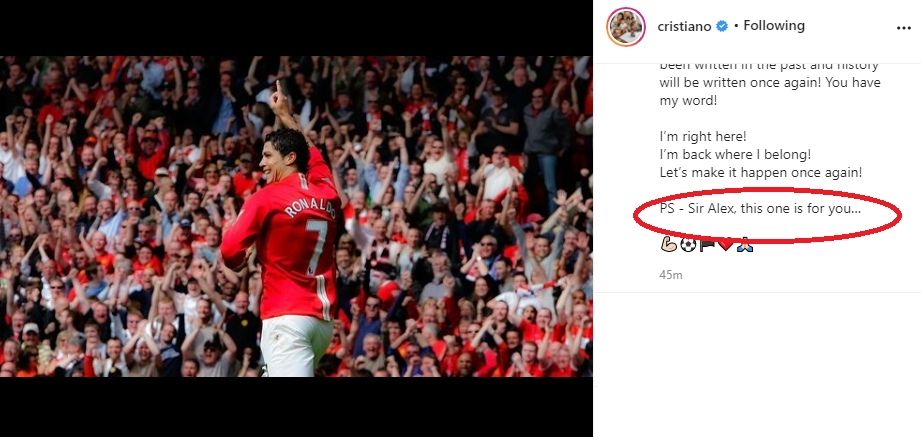 Cristiano Ronaldo beri penghormatan khusus Sir Alex Ferguson. (Instagram/cristiano)