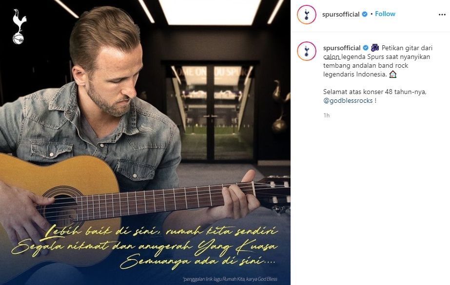 Tottenham Hotspur unggah foto Harry Kane dengan penggalan lirik lagu Rumah Kita. (Instagram/spursofficial)