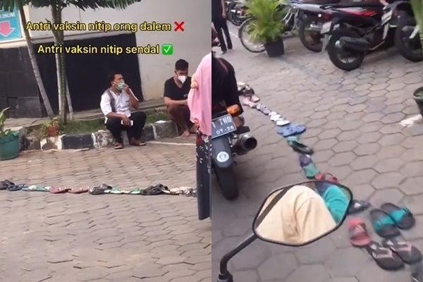 Viral Penampakan Antre Vaksin Via Titip Sandal. (TikTok/@kaptenrif)