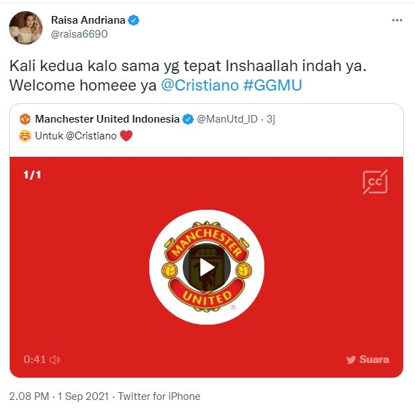 Raisa Andriana respons transfer Cristiano Ronaldo ke Manchester United. (Twitter/@raisa6690)