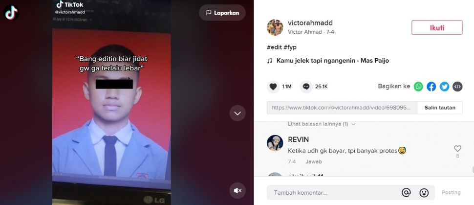 Viral Cowok Minta Fotonya Diedit Agar Jidat Tak Lebar. (TikTok/@victorahmadd)