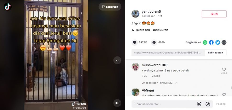 Viral Wanita Bagikan Suara Emas Adik Saat Nyanyi di Penjara. (TikTok/@yantiburan5)