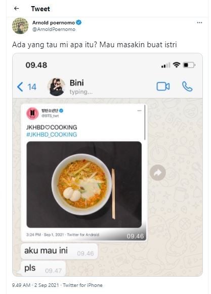 Chef Arnold ingin masakkan mi ala BTS untuk istri (Twitter @ArnoldPoernomo)