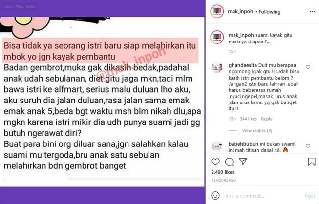 Viral suami protes penampilan istri usai melahirkan, sebut mirip pembantu. (Instagram/@mak_inpoh)