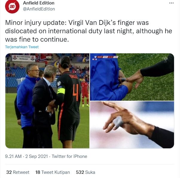 Jari Virgil van Dijk alami dislokasi saat duel dengan Erling Haaland. (Twitter/@AnfieldEdition)