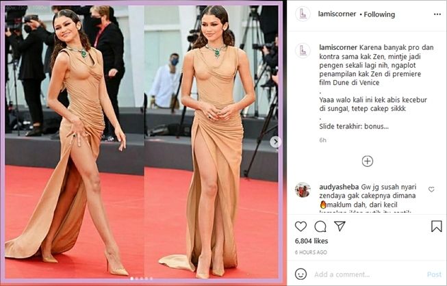 Penampilan Zendaya dalam dress unik menuai banyak komentar. (Instagram/@lamiscorner)