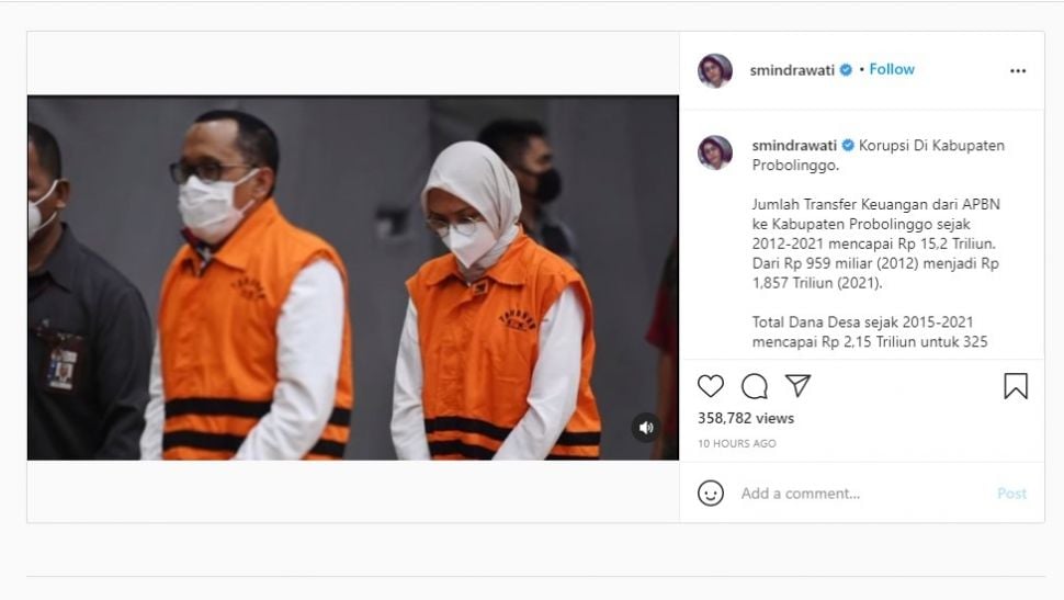 Menteri Keuangan Sri Mulyani menyentil kasus korupsi di Kabupaten Probolinggo. [Instagram]