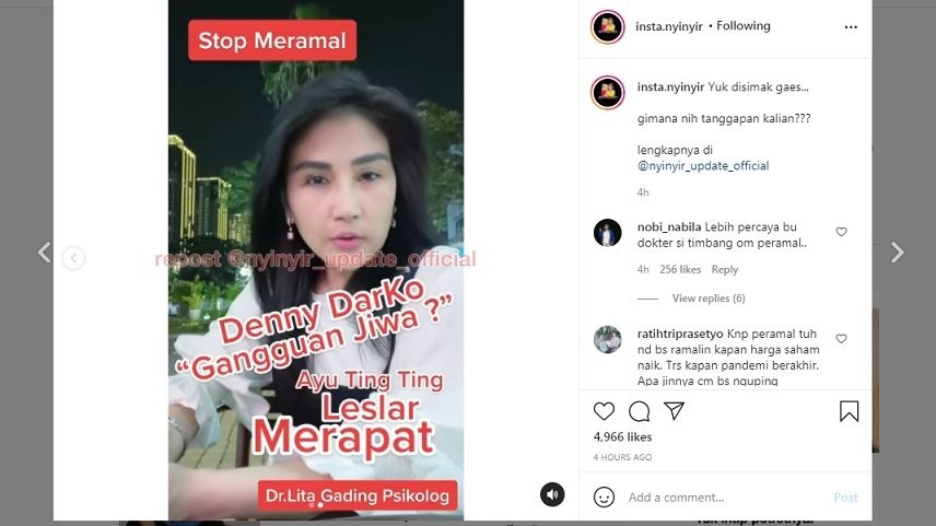 Unggahan akun gosip tentang Psikolog Lita Gading. 