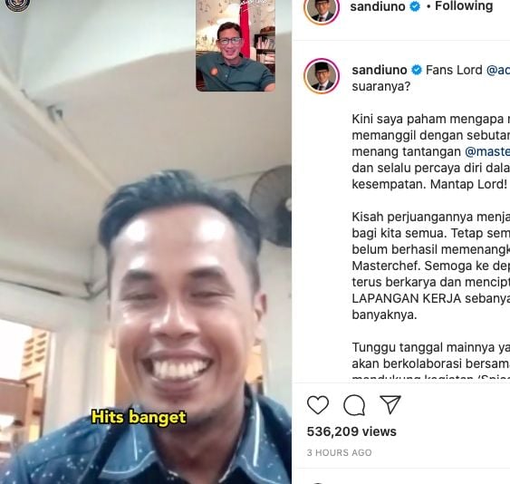 Sandiaga Uno menghubungi Lord Adi [instagram]