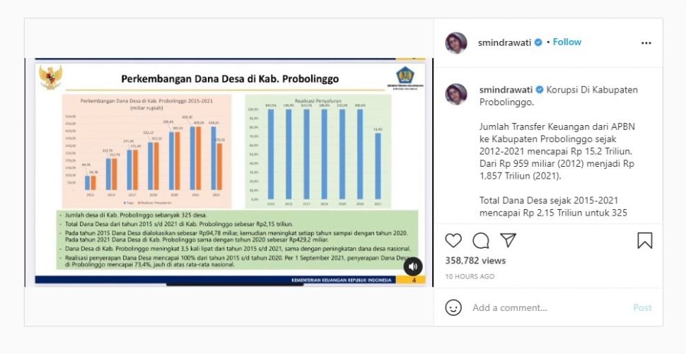 Menteri Keuangan Sri Mulyani menyentil kasus korupsi di Kabupaten Probolinggo. [Instagram]