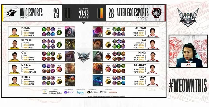 Game pertama Alter Ego vs ONIC dimenangkan oleh AE. (YouTube/ MPL Indonesia)