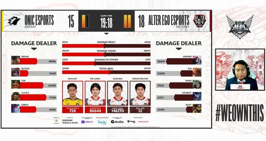 Game ketiga Alter Ego vs ONIC dimenangkan oleh AE. (YouTube/ MPL Indonesia)