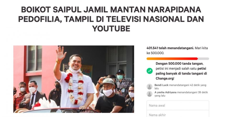 Boikot Saipul Jamil sudah tembus 400.000 petisi [Change.id]