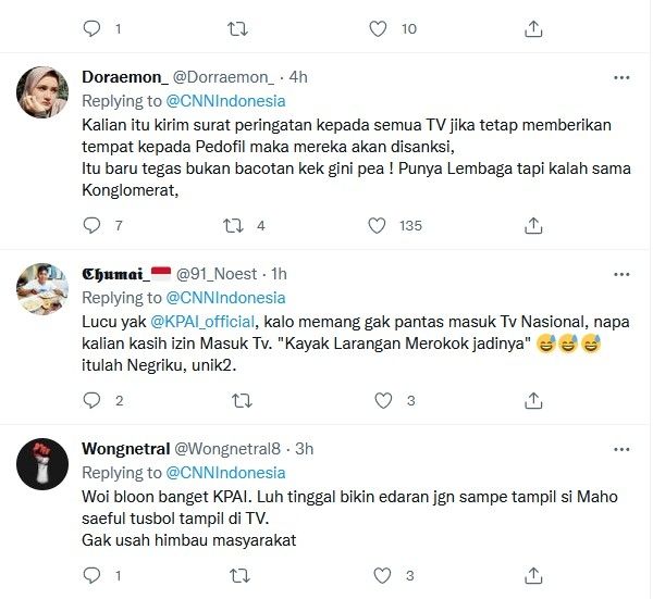 Sejumlah warganet di Twitter mengomentari pernyataan KPAI yang meminta untuk tidak menonton Saipul Jamil di tv. [Twitter]