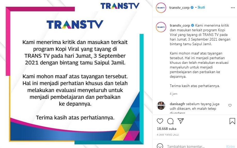 Trans TV minta maaf sambut meriah kebebasan Saipul Jamil [Instagram/@transtv_corp]