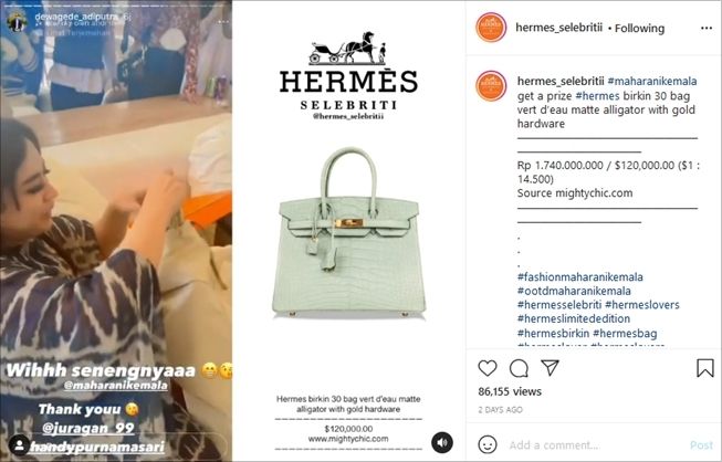 Maharani Kemala dapat hadiah tas mewah Rp1,7 miliar. (Instagram/@hermes_selebritii)