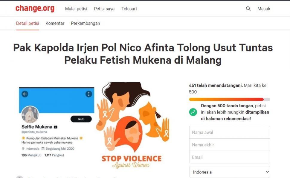 Kasus Fetish Mukena di Malang Memakan Banyak Korban, Warganet Bikin Petisi. [Instagram/changeorg_id]